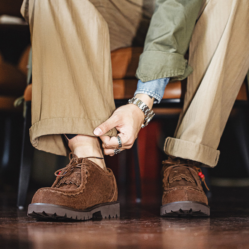 MRA袋鼠鞋男2023新款印第安日系工裝郵差鞋美拉德復古休閒小皮鞋-Retro's Wear