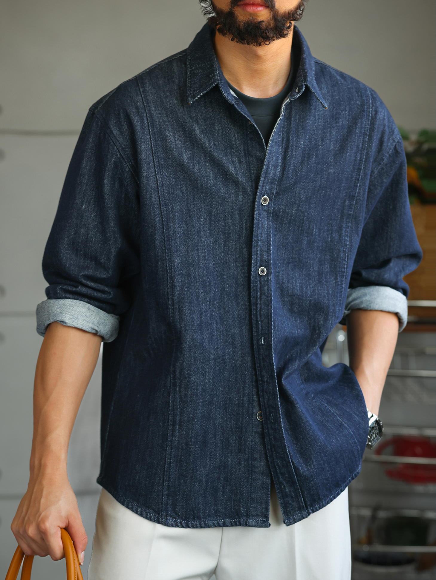 【原色丹寧】酵素水洗棉質牛仔長袖襯衫男士休閒商務襯衣