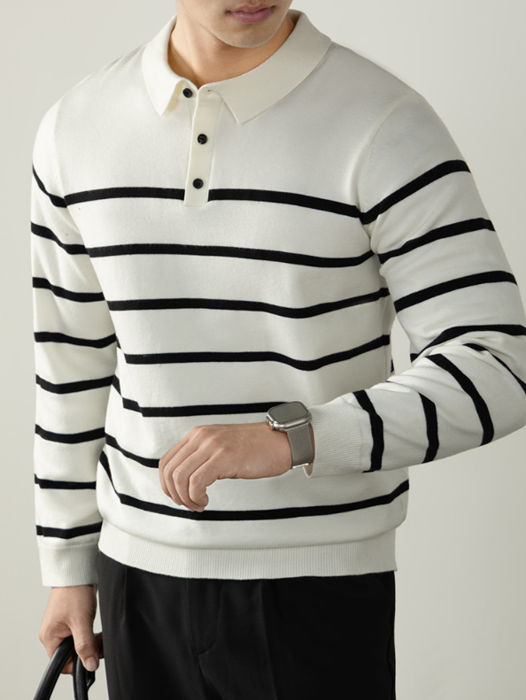 【羊毛莫代爾】舒適親膚條紋毛衣男時尚質感紐扣翻領針織衫高級感