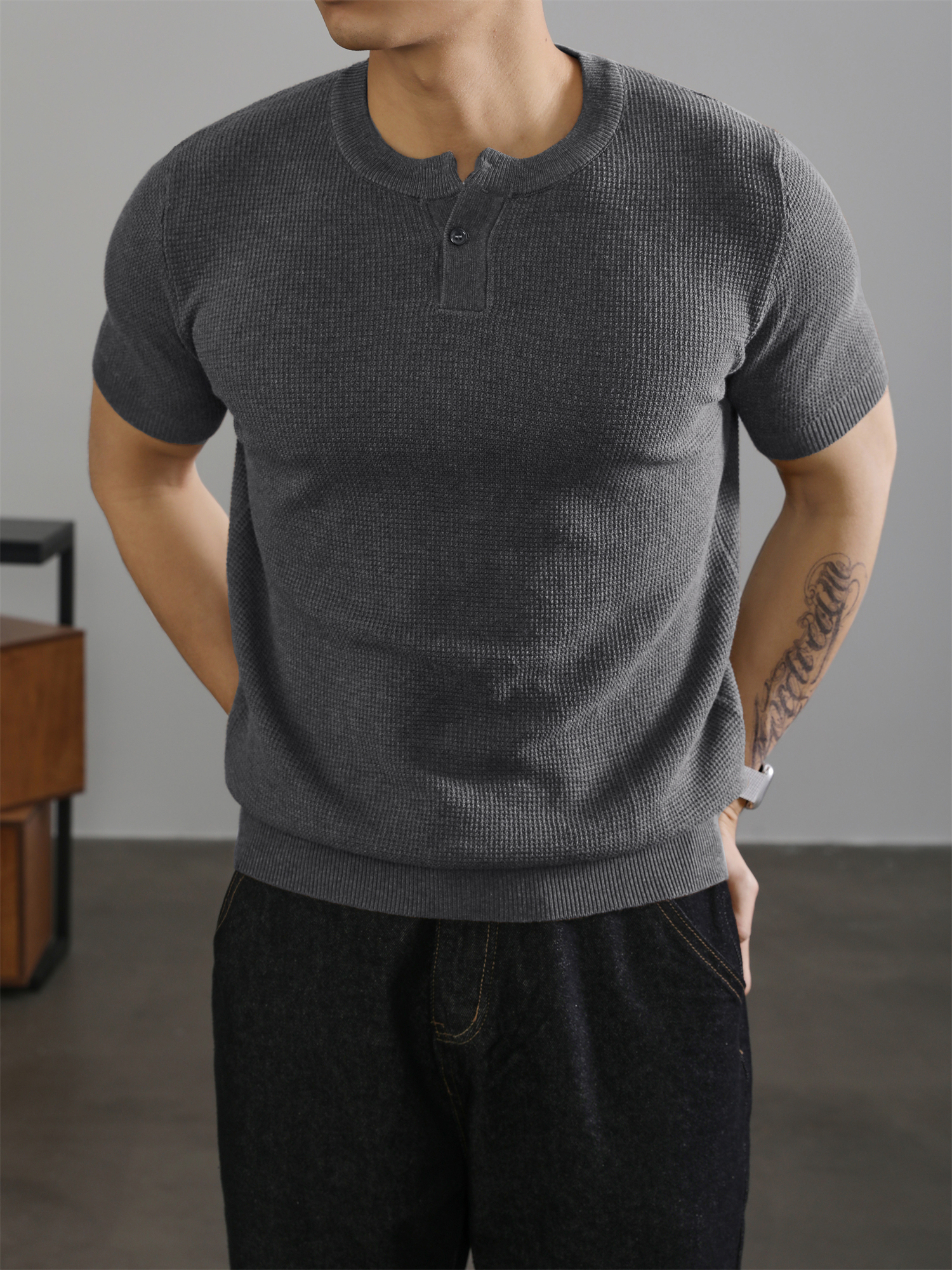 亨利領收袖短袖T恤針織衫男高級感針織肌理運動休閒體恤上衣