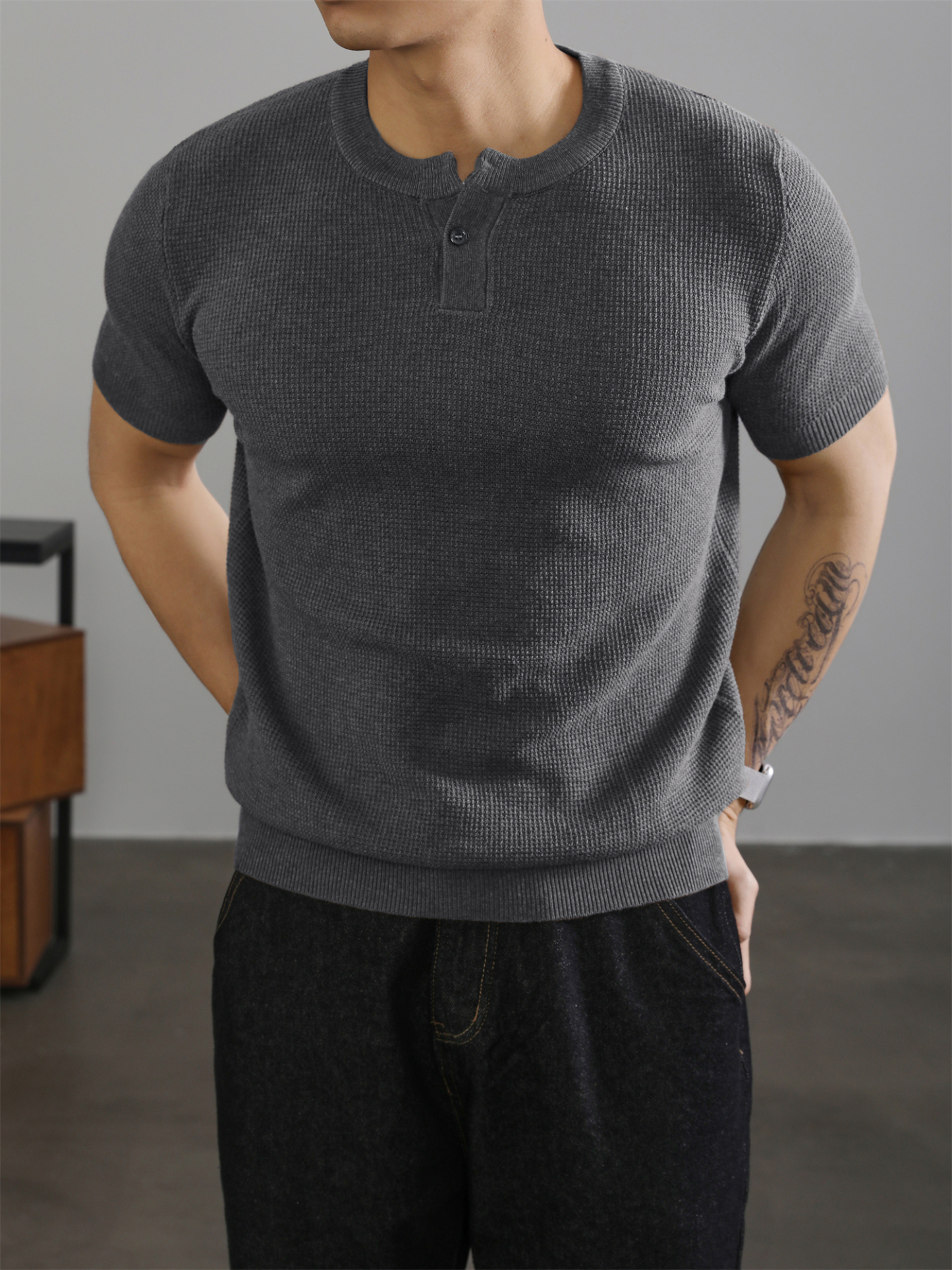 亨利領收袖短袖T恤針織衫男高級感針織肌理運動休閒體恤上衣