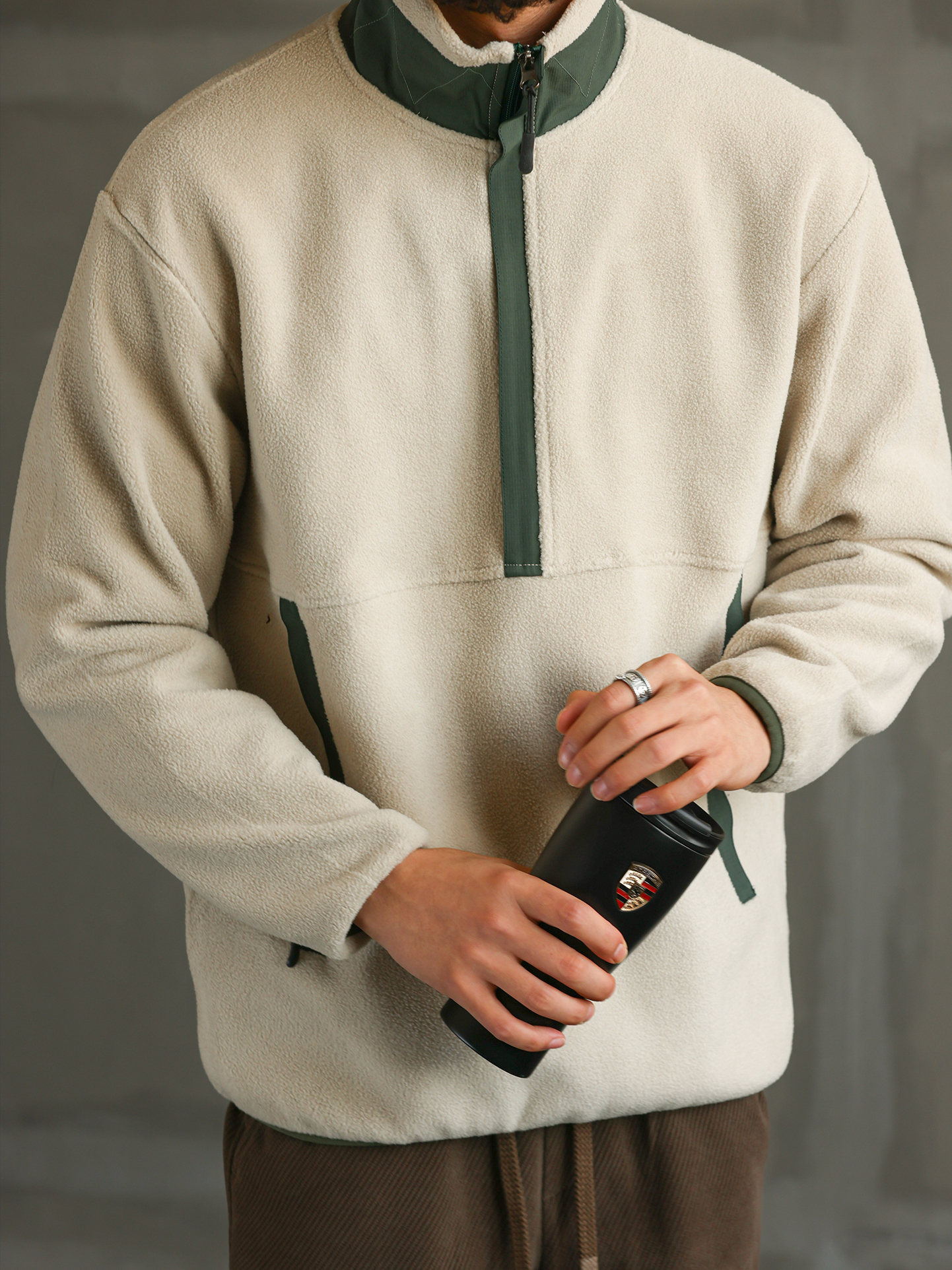 【無界型動】撞色羊羔絨衛衣男士秋冬加厚保暖半拉鍊外套