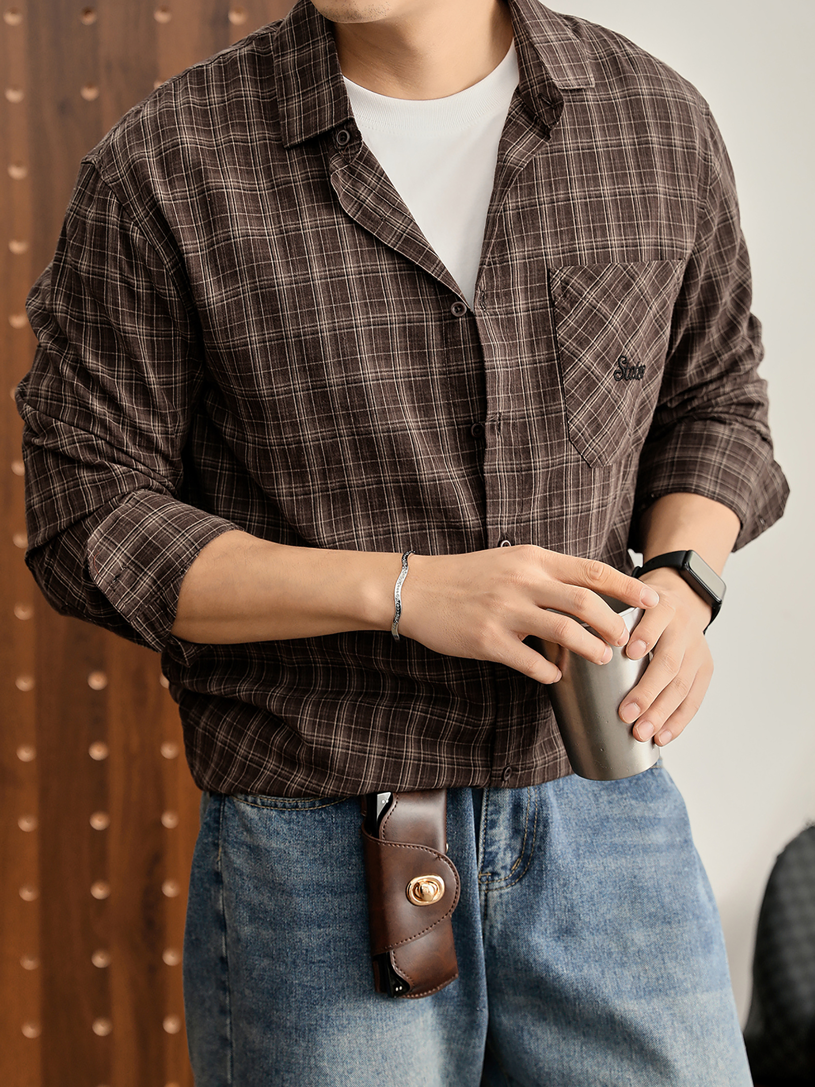 美式復古慵懶格子100%純棉長袖襯衫男休閒cleanfit襯衣外套