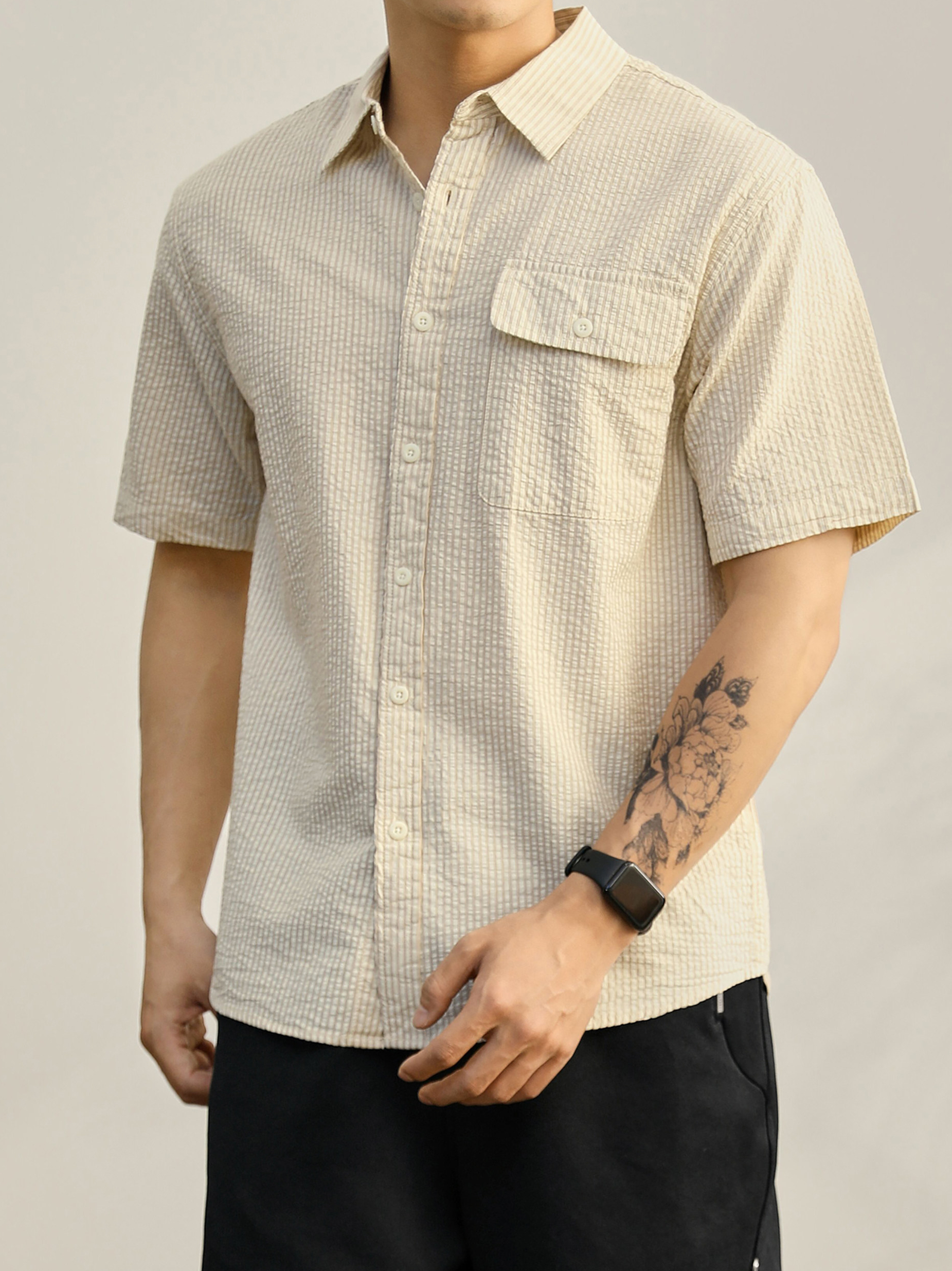 輕熟風男士條紋襯衫肌理感文藝韓範翻領上衣慵懶感簡約短袖襯衫