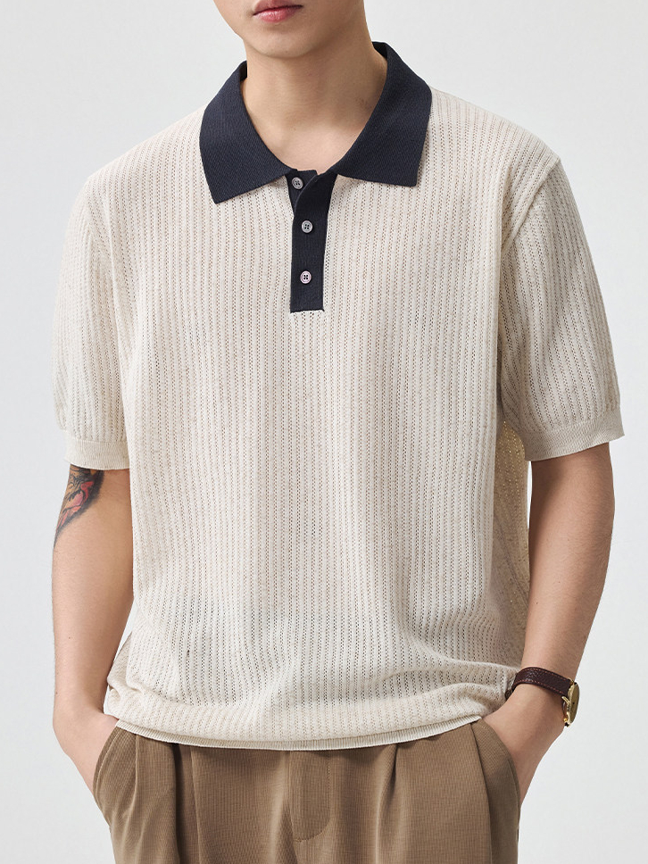 男士薄款春夏新款老錢風男翻領短袖針織衫亞麻純色撞色日系簡約薄