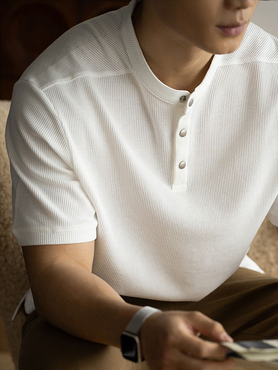 美式復古亨利領華夫格短袖T恤男2025春夏新款通勤休閒半袖上衣