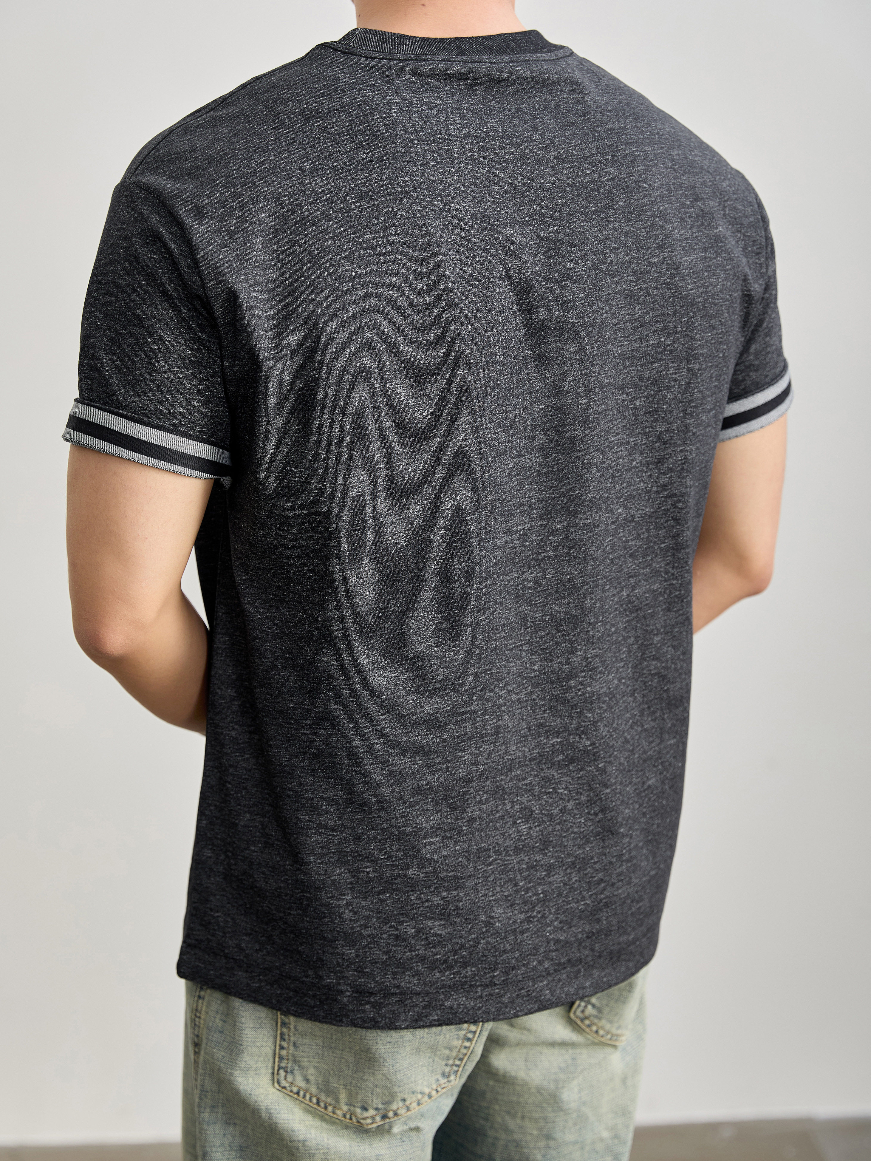 水洗棉混紡男士痞帥高級感短袖衫花灰色撞色條紋內裏上衣