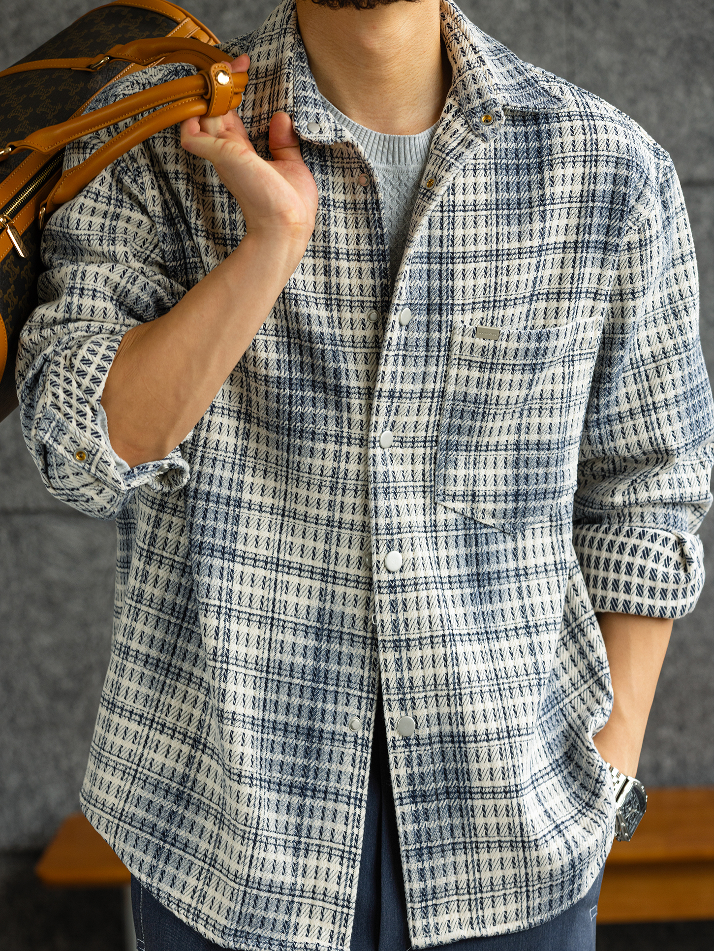 【維羅納記憶】高端粗花呢肌理長袖襯衫男小香風格子襯衣