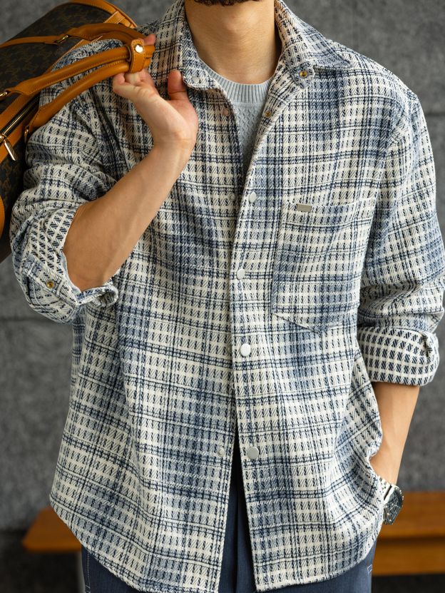 【維羅納記憶】高端粗花呢肌理長袖襯衫男小香風格子襯衣