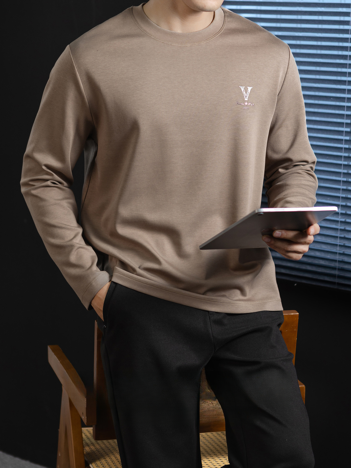 【經典奢華風】雲感莫代爾棉圓領打底T恤男士春秋立體印花高級感