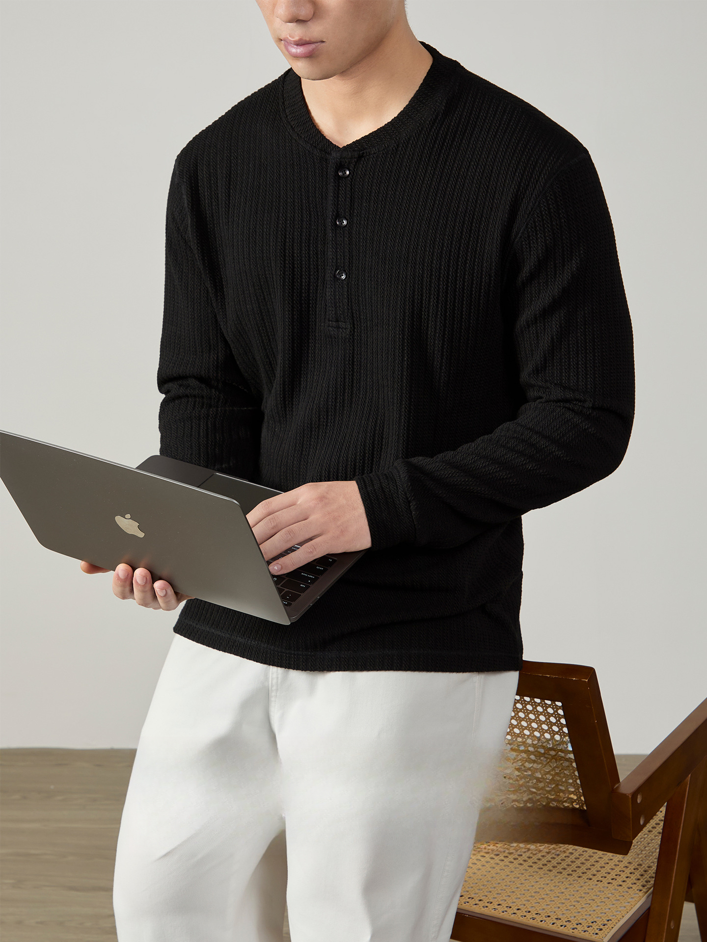 【雙麻花肌理】經典亨利領長袖T桖男款秋冬重磅時尚垂感針織上衣