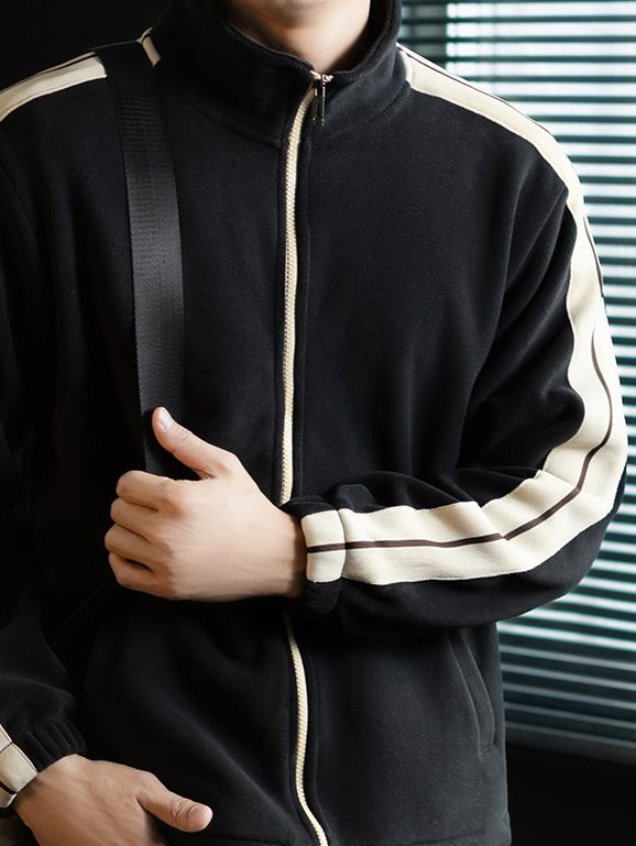 【静奢体感】四层锁棉撞色条纹立领男士外套冬季加厚双面绒夹克衫