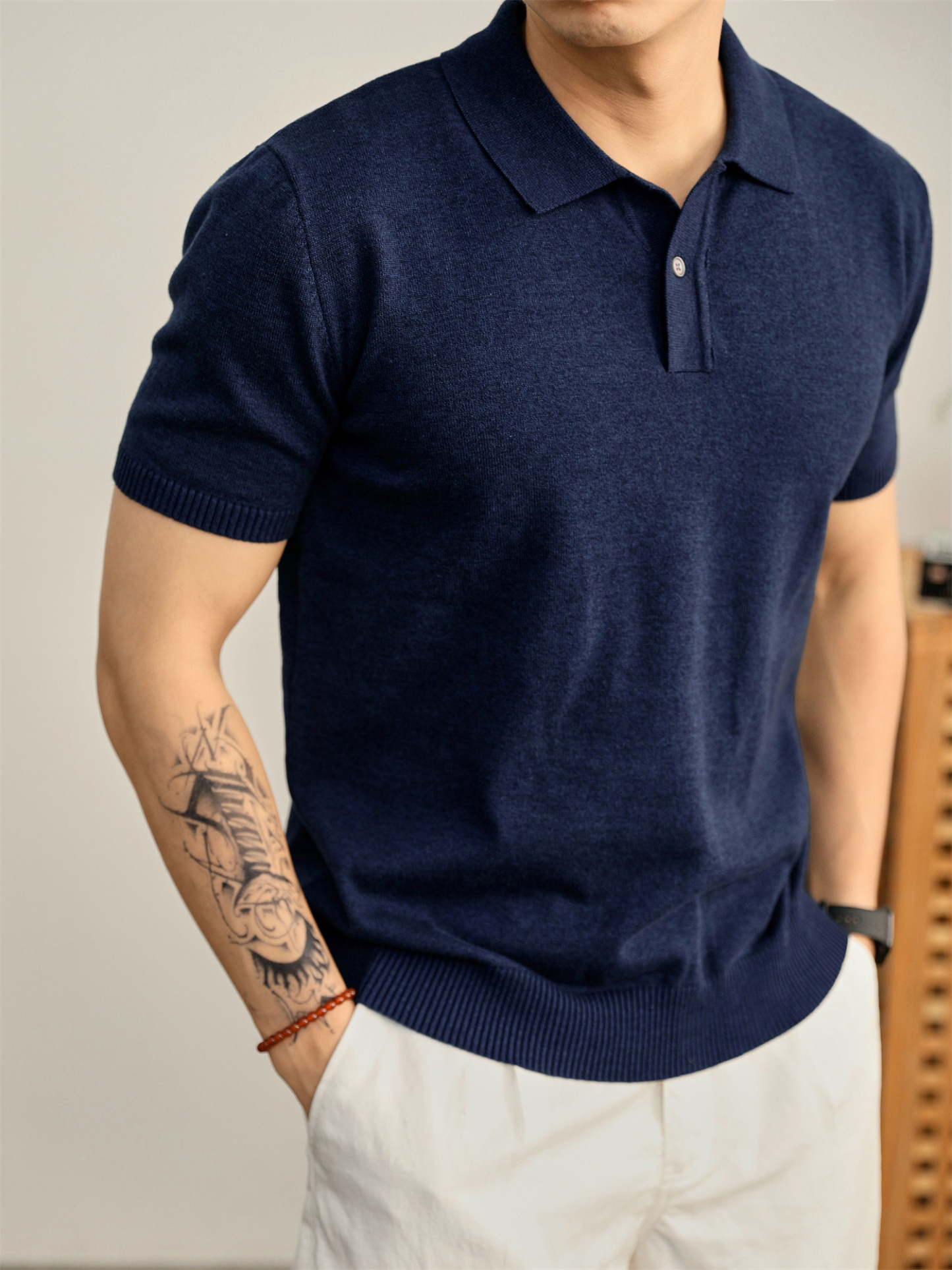 男夏季花天藍單紐扣設計翻領POLO衫輕奢休閒水洗棉針織短袖
