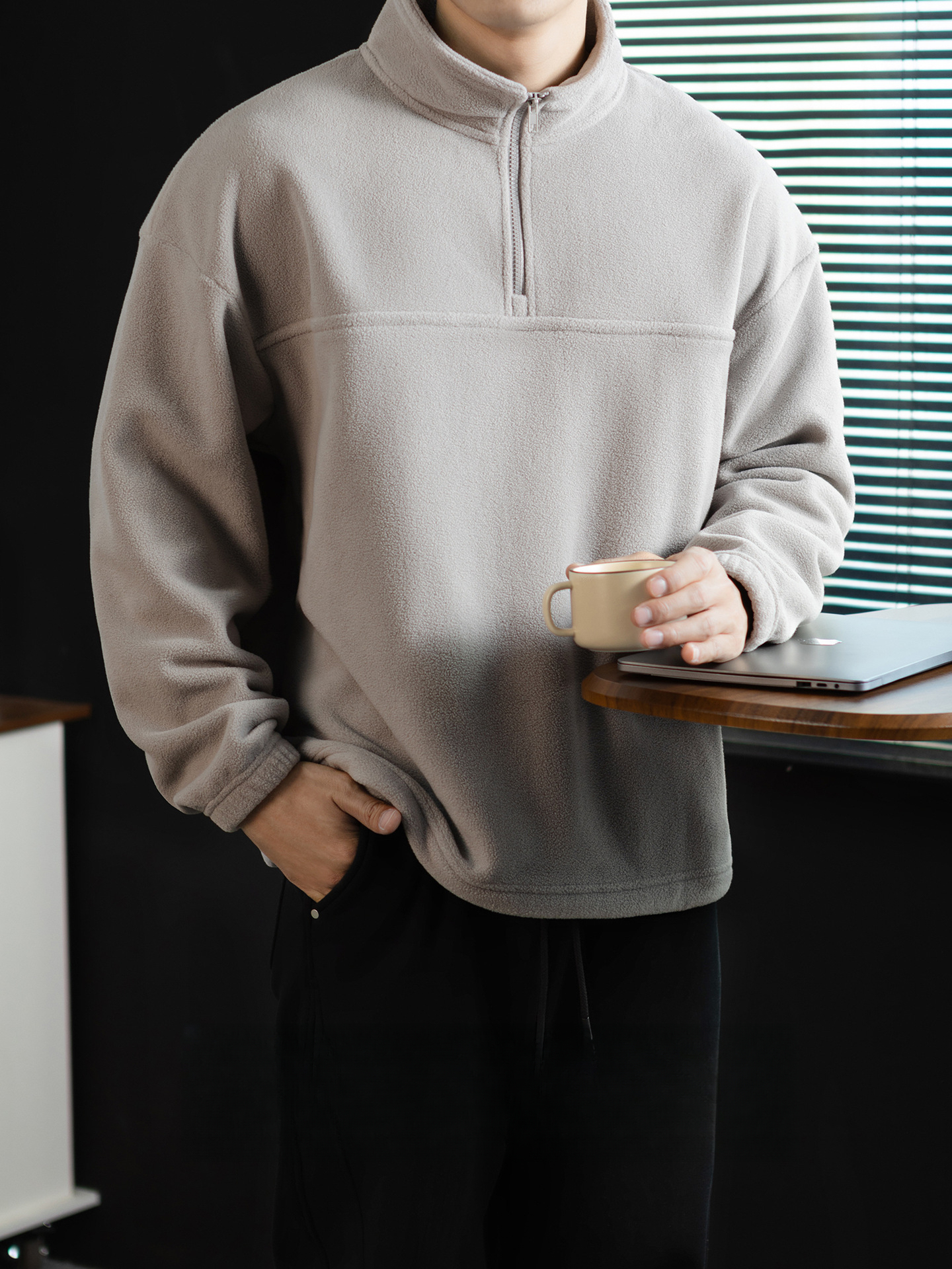 300G重磅蓄熱保暖搖粒絨立領男士衛衣冬季高端雙面加厚半拉鍊外套