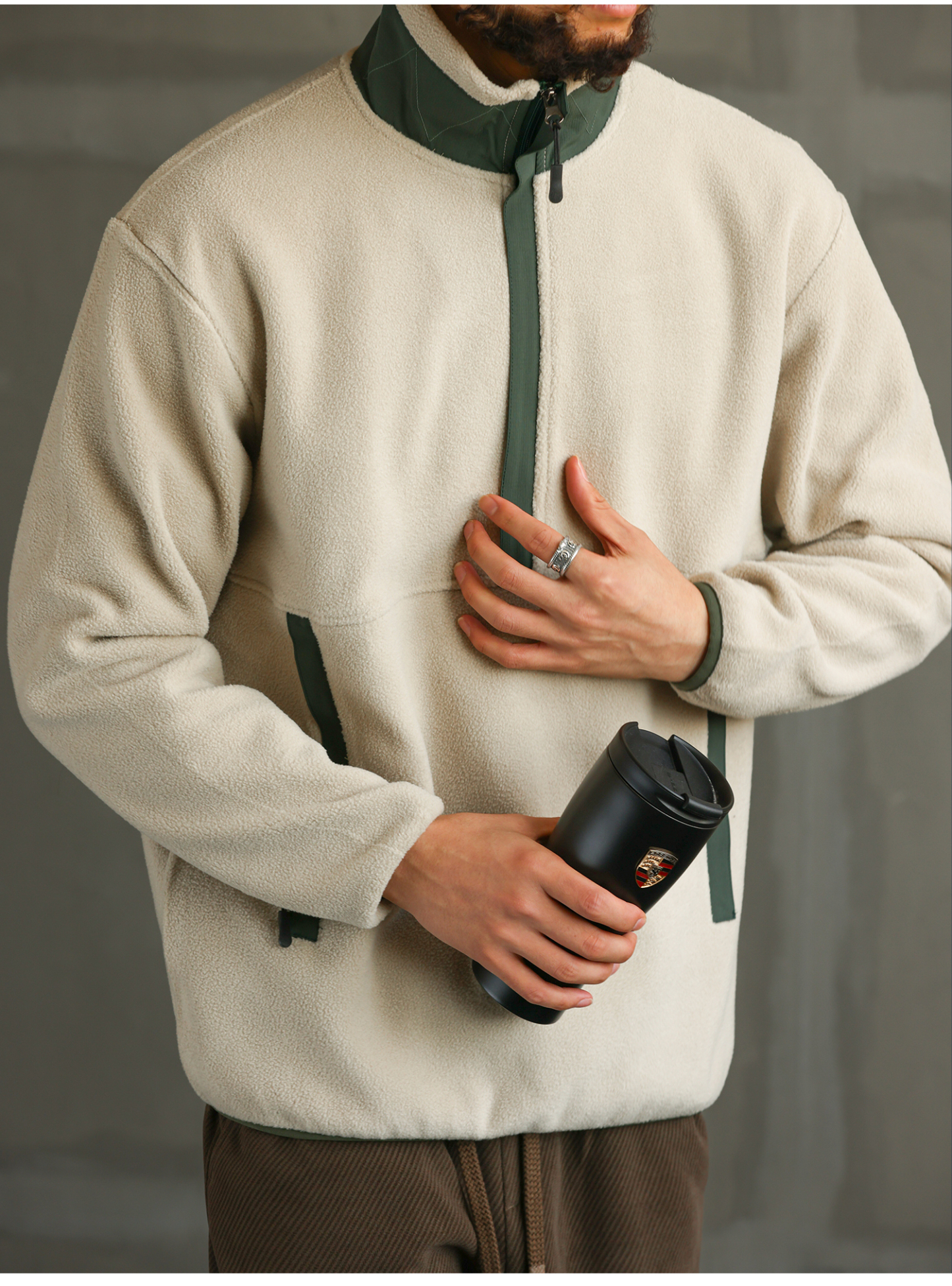 【無界型動】撞色羊羔絨衛衣男士秋冬加厚保暖半拉鍊外套