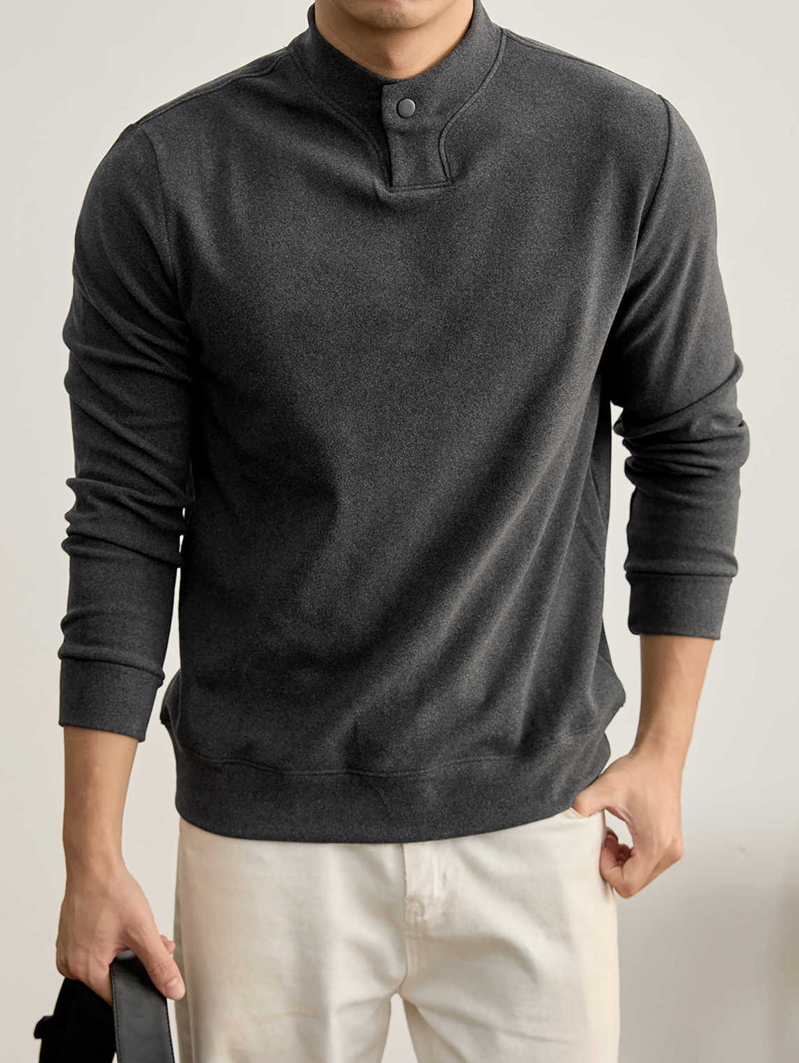 莫蘭迪色系冬季保暖德絨打底衫衛衣復古風一粒扣中領上衣男