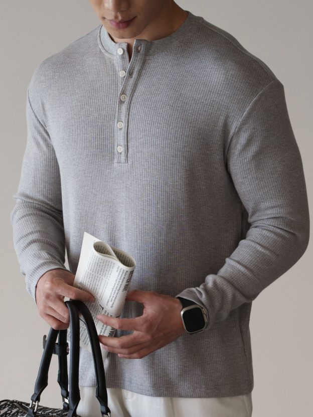 格雷系半開襟亨利領豎坑條針織T恤男士春季通勤休閒長袖上衣