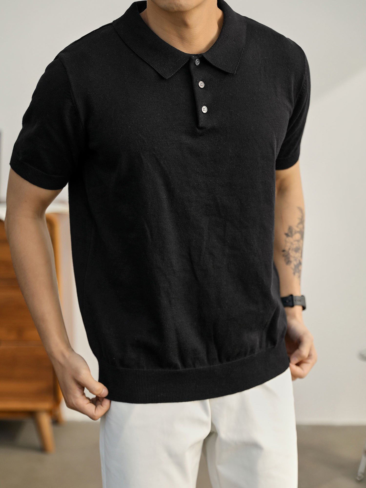 英倫風百搭針織短袖Polo衫透氣休閒羅紋底擺男士翻領保羅衫