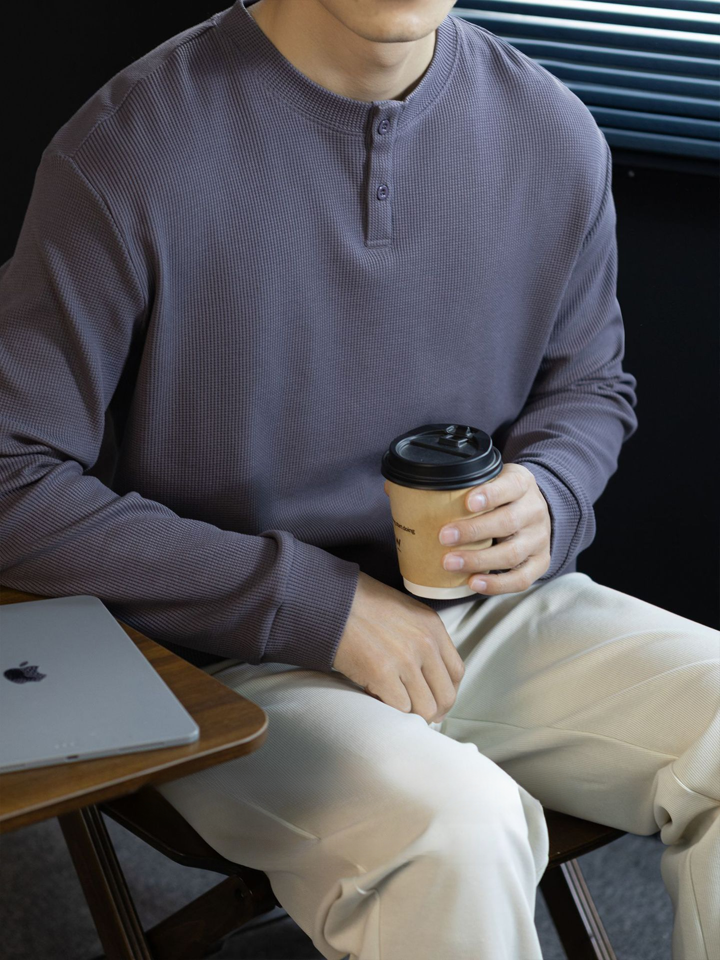 240G華夫格織紋透氣男士亨利領長袖T桖春秋商務復古寬鬆落肩上衣