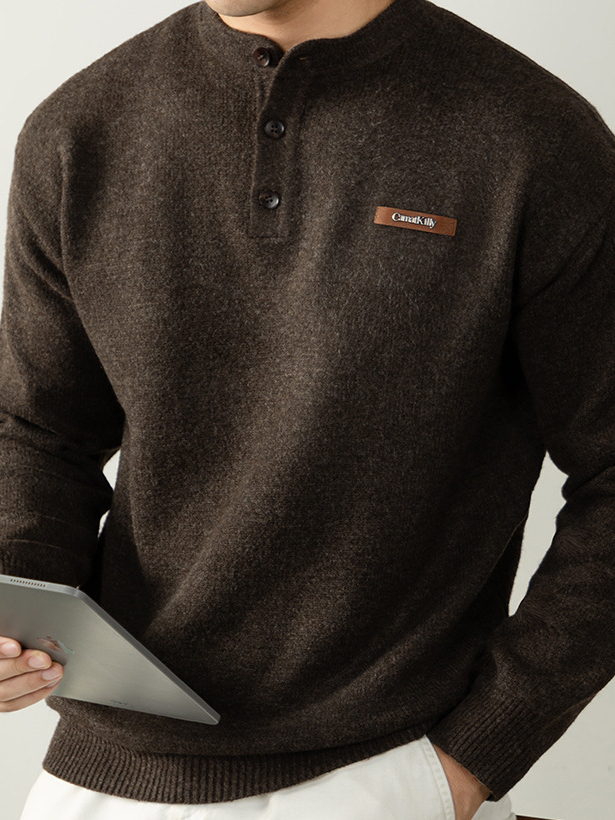 【紳士腔調】老錢風 經典亨利領寬鬆男士針織衫2025秋冬保暖百搭