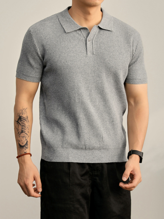 老錢輕熟風夏季涼感坑條肌理感針織POLO衫男士半拉鍊翻領T恤