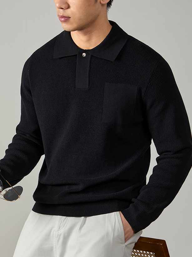 暗釦設計款暖奢豎紋針織衫冬季可機洗翻領毛衣男款保暖商務百搭