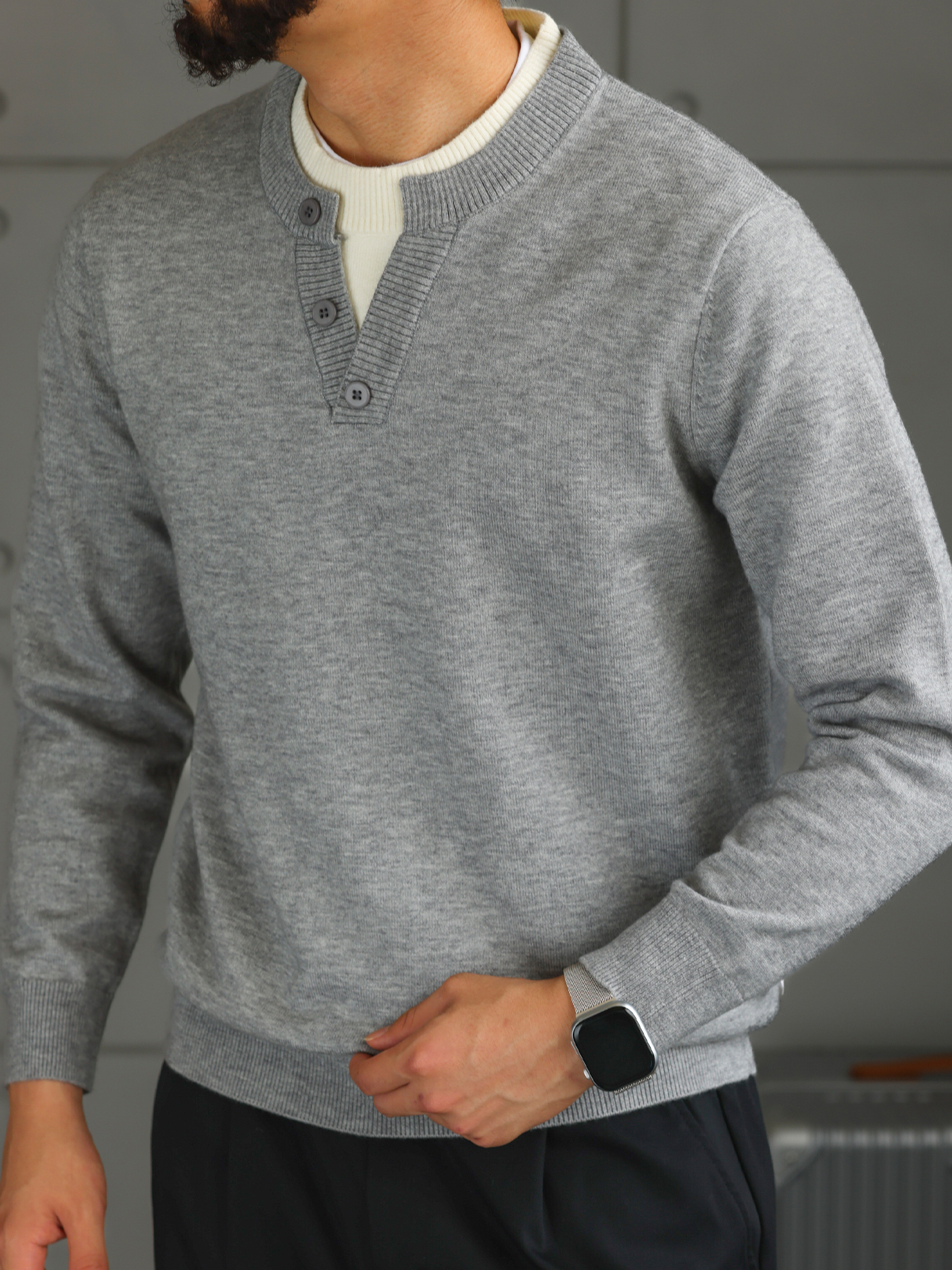 【紳士型格】羊毛混紡假兩件圓領毛衣男易打理針織打底衫