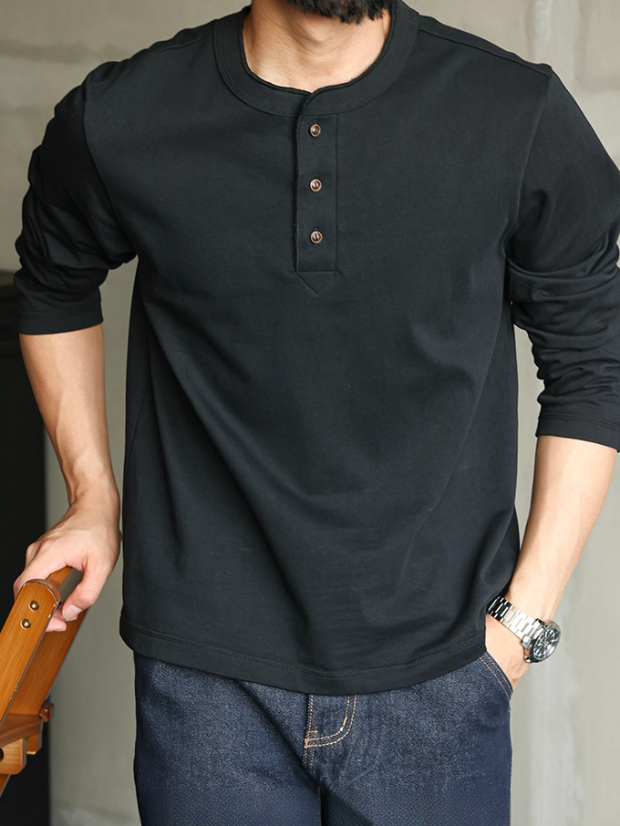 【CBD精英】純棉重磅320g美式亨利領長袖t恤男排扣秋季休閒打底衫