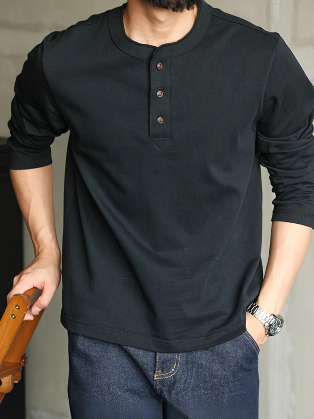 【CBD精英】純棉重磅320g美式亨利領長袖t恤男排扣秋季休閒打底衫