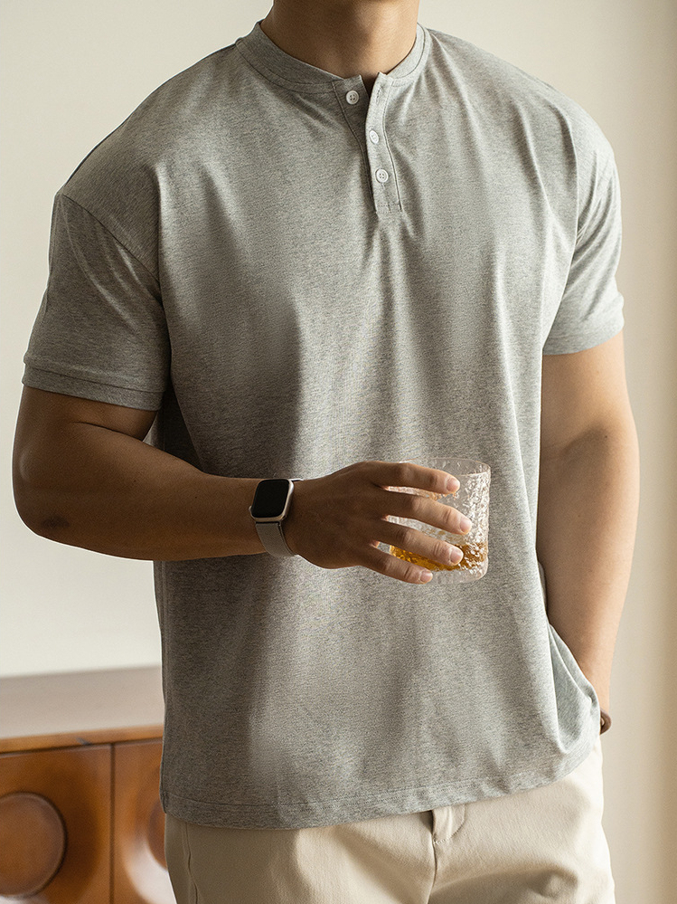 美式休閒亨利領透氣白色薄短袖T恤男士2025新款春季運動打底衫