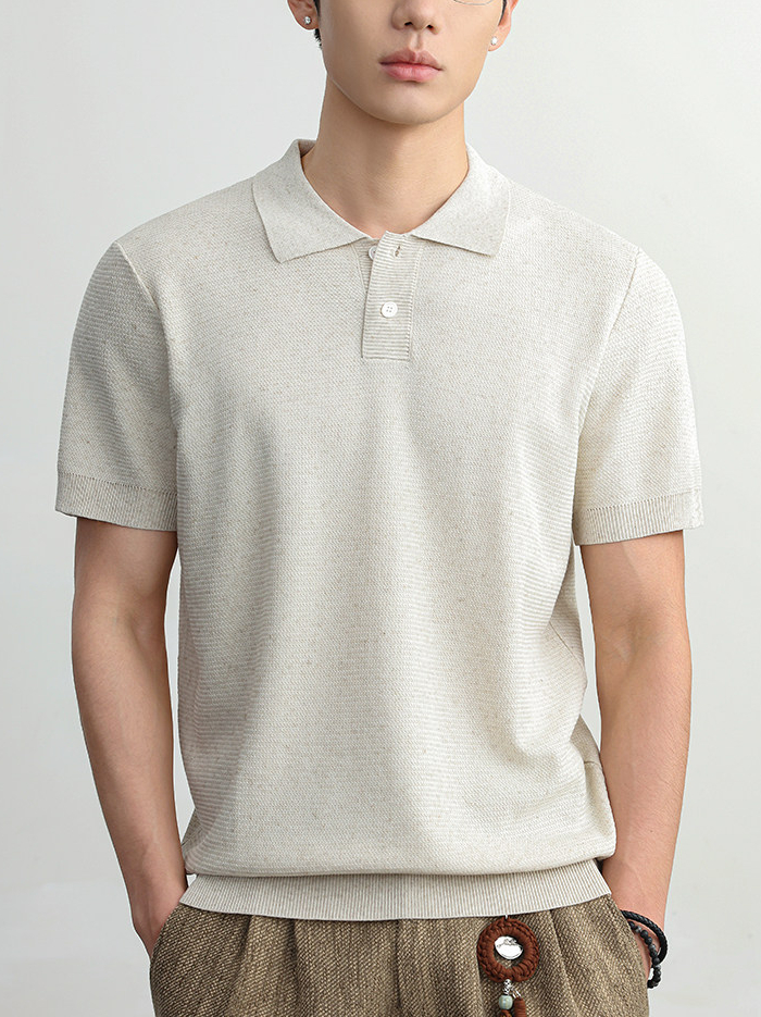 美式复古翻领POLO衫男士夏季透气休闲商务老钱风亚麻短袖t恤