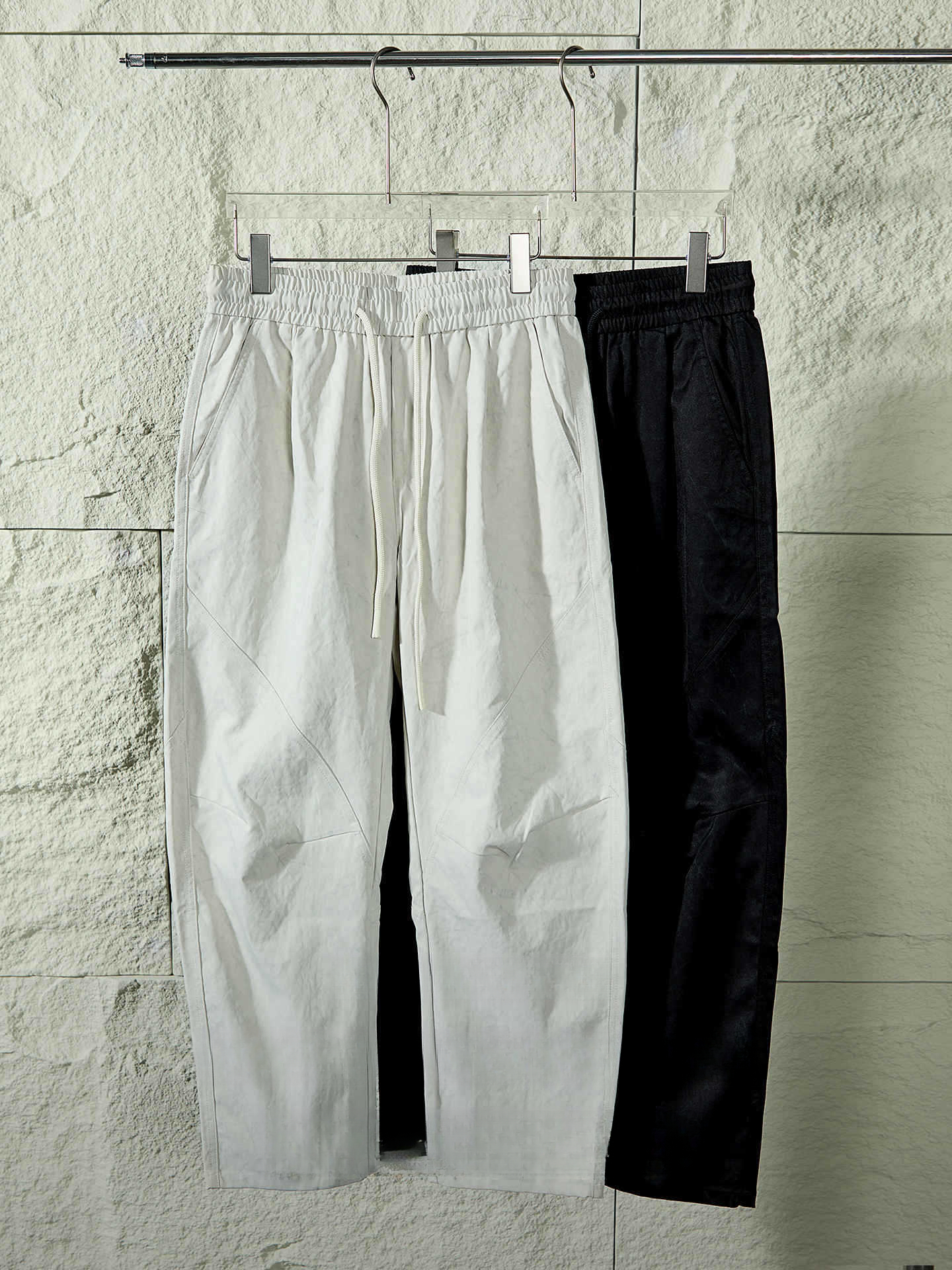 【復古奢感】扎染褶皺肌理微闊休閒長褲男士慵懶風拼接彎刀鬆緊褲