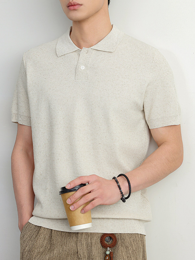 美式复古翻领POLO衫男士夏季透气休闲商务老钱风亚麻短袖t恤