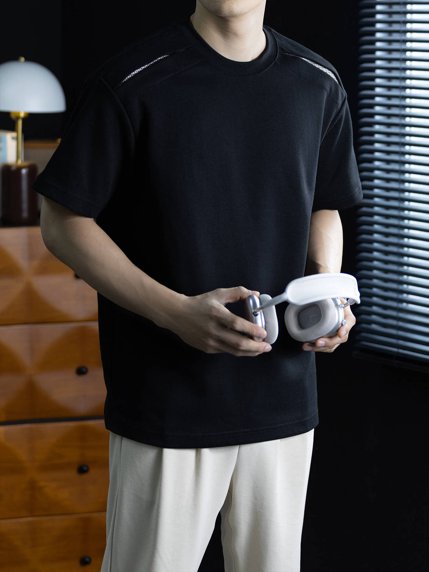 高街系列！時尚鏤空拼接格紋彈力棉感T桖男短袖日常百搭通勤上衣