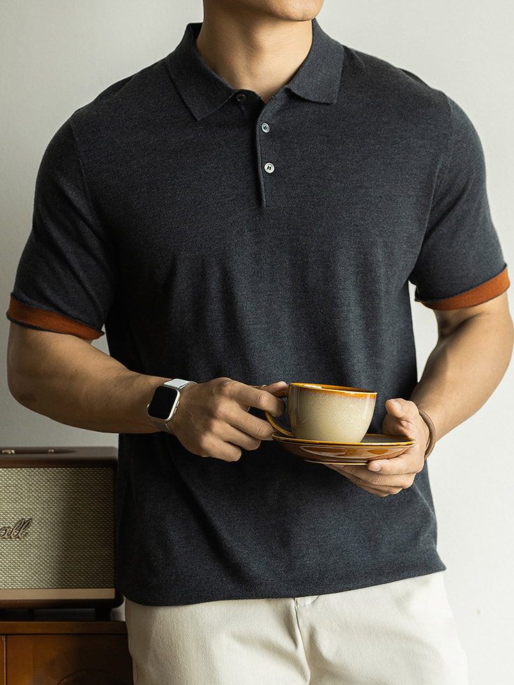 可機洗綿羊毛混紡涼感短袖Polo衫男士新款2026春季撞色袖針織POLO