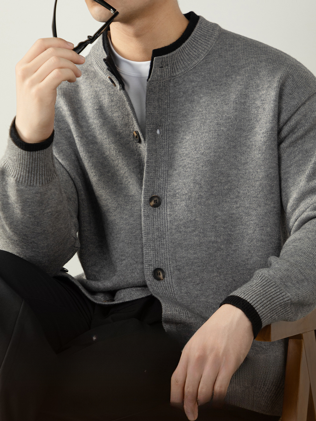 輕奢風撞色假兩件暖柔秋冬可機洗親膚毛衣男士亨利領針織衫