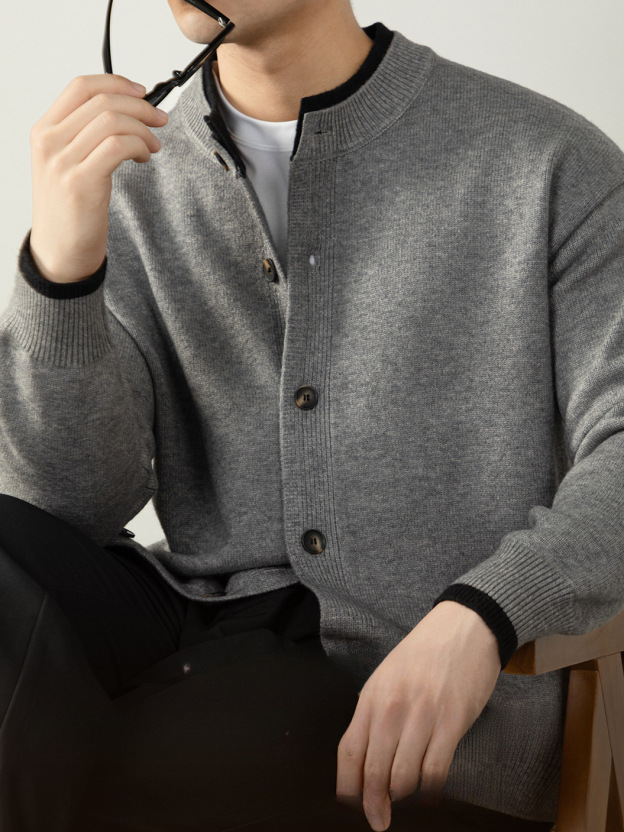 輕奢風撞色假兩件暖柔秋冬可機洗親膚毛衣男士亨利領針織衫