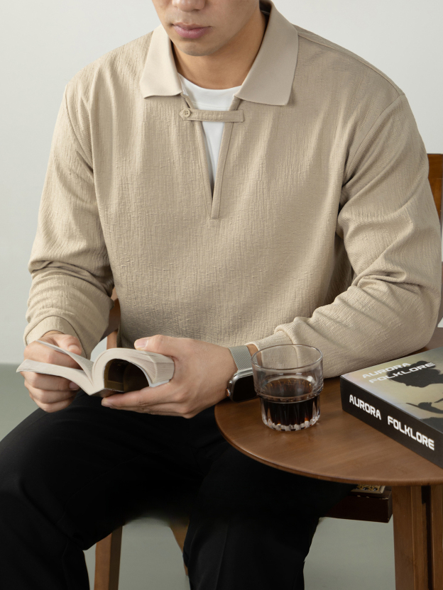 【高智感•假兩件】 褶皺肌理長袖POLO衫男士商務休閒搭扣設計感