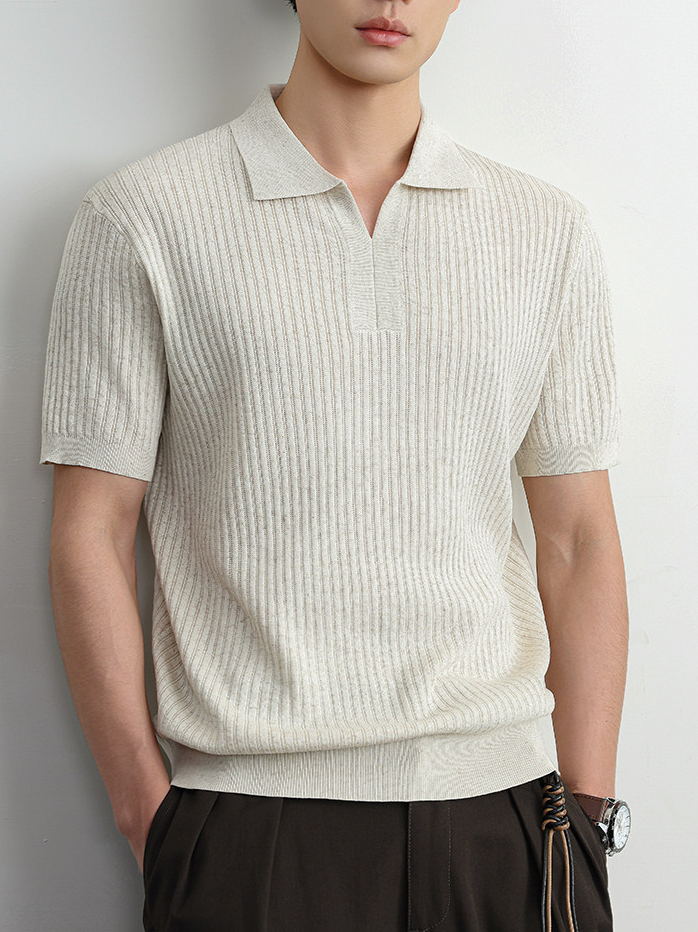 【可機洗亞麻】高端坑條紋理亞麻混紡老錢翻領POLO衫針織短袖T恤