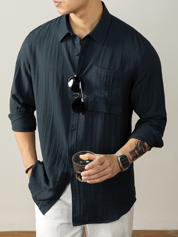 【慵懶高級感】亞麻天然褶皺襯衫男親膚透氣抑菌秋冬開衫隨性易搭