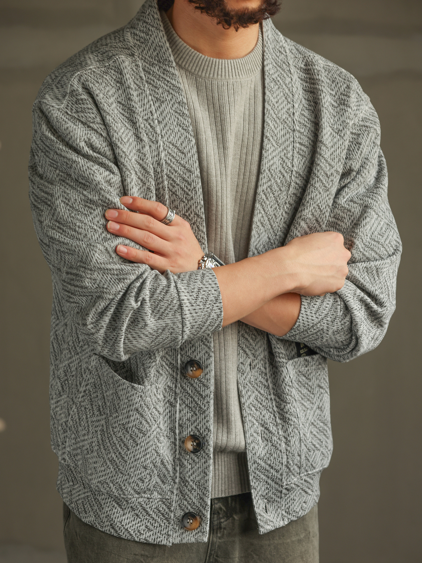 【質感通勤】慵懶鬆弛無領開衫衛衣男秋冬休閒針織衫外套