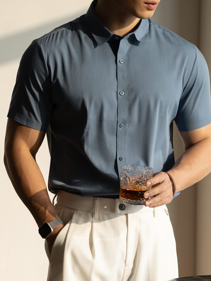 易打理免燙無痕冰絲白色襯衫男士2025春夏新款涼感短袖休閒襯衣