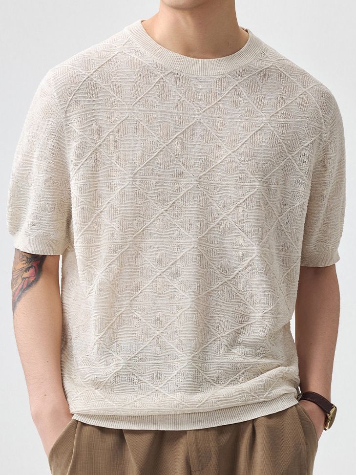 男士薄款春夏新款針織老錢風男短袖網格透氣超薄日系復古亞麻T恤