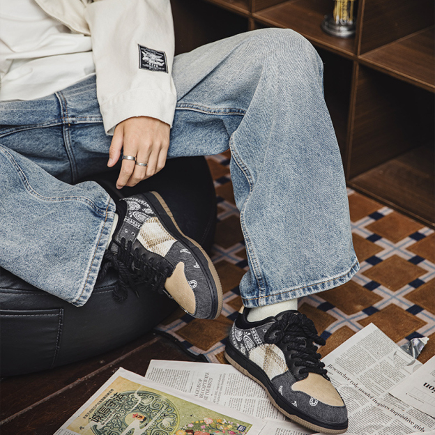 MRA腰果花滑板鞋男2025新款秋季英倫格紋刺繡厚底運動休閒潮鞋子