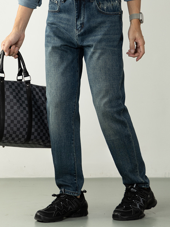 高街設計感水洗刺繡彈力牛仔褲男長褲微闊直筒透氣休閒褲秋季