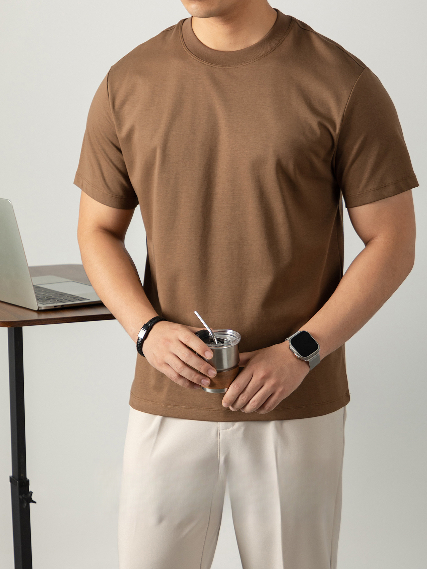 80S冷感液氨絲光棉短袖T恤男2025夏季輕奢淨版紫色涼感休閒上衣服