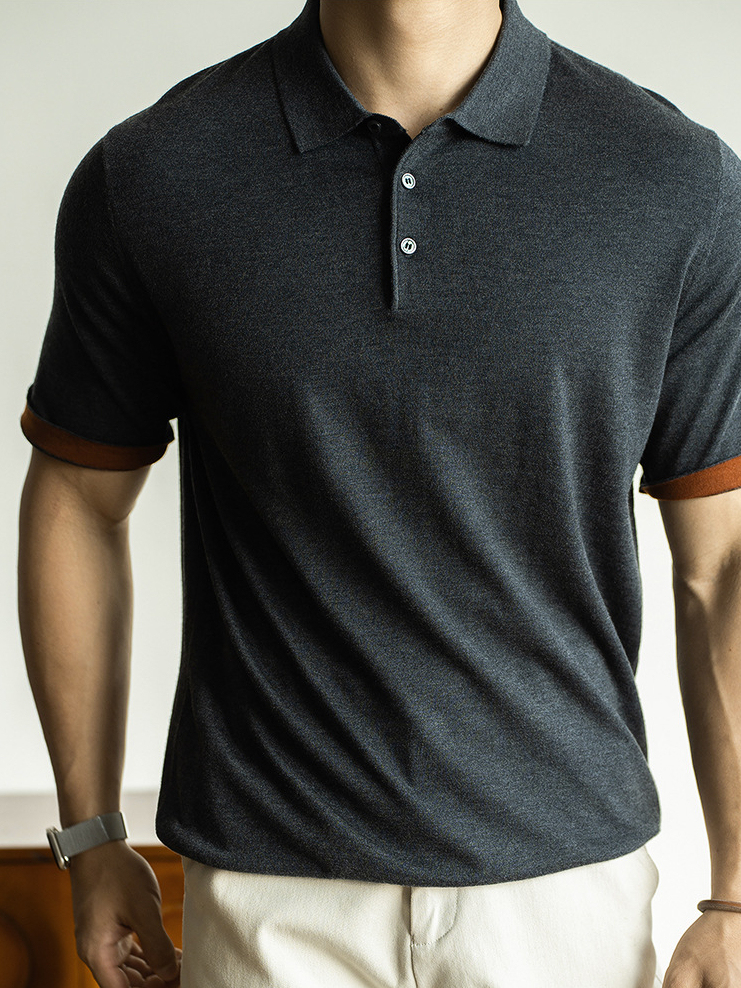 可機洗綿羊毛混紡涼感短袖Polo衫男士新款2026春季撞色袖針織POLO