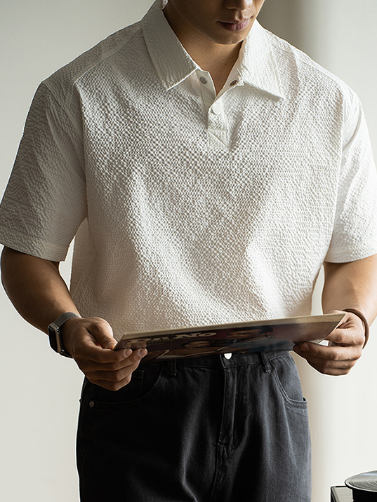美式速幹簡約泡泡紗短袖Polo衫男士2025春夏休閒翻領Polo衫