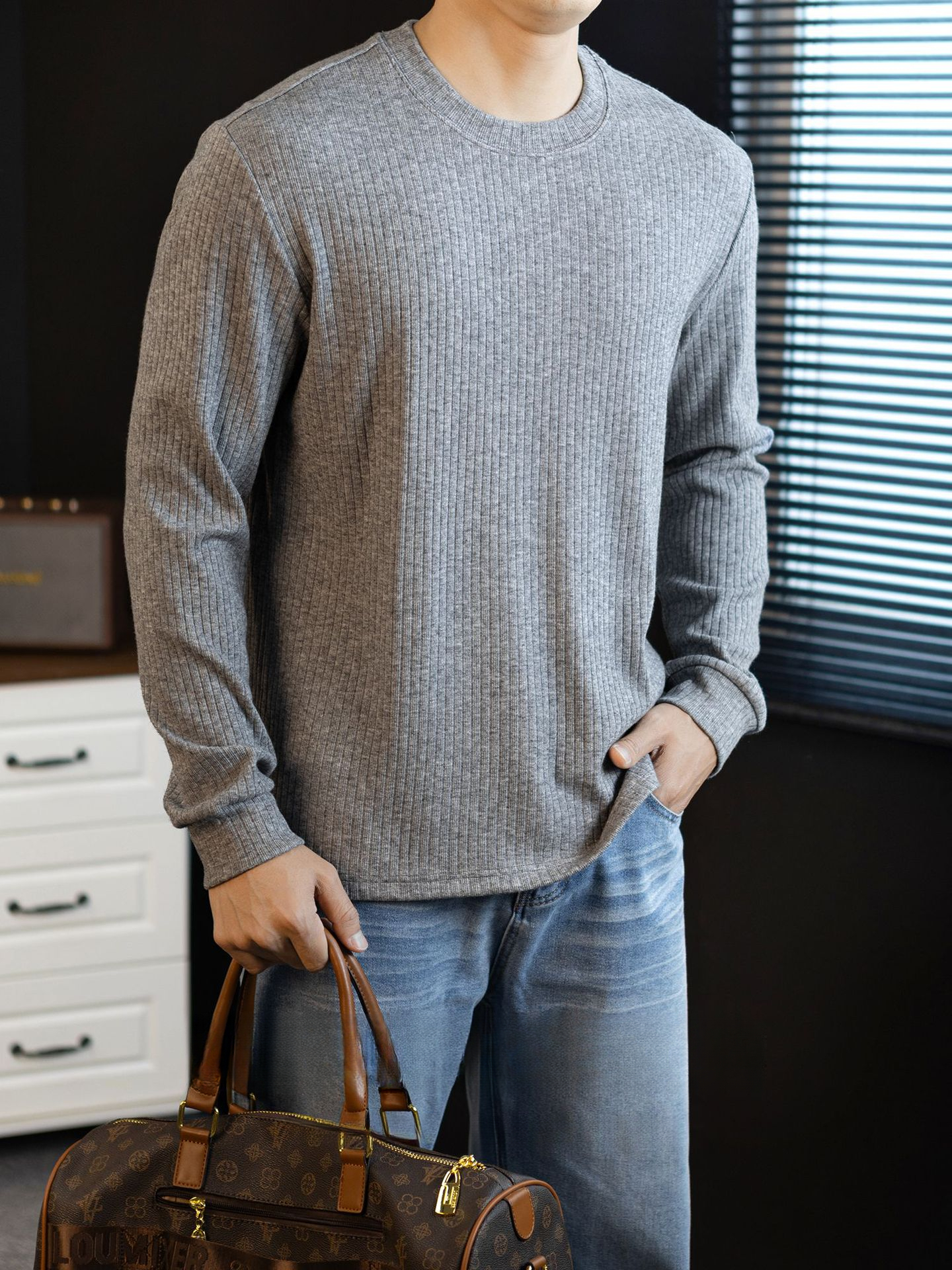 【儒雅格調】經典豎條紋寬鬆針織T桖長袖男士輕熟休閒打底春秋季