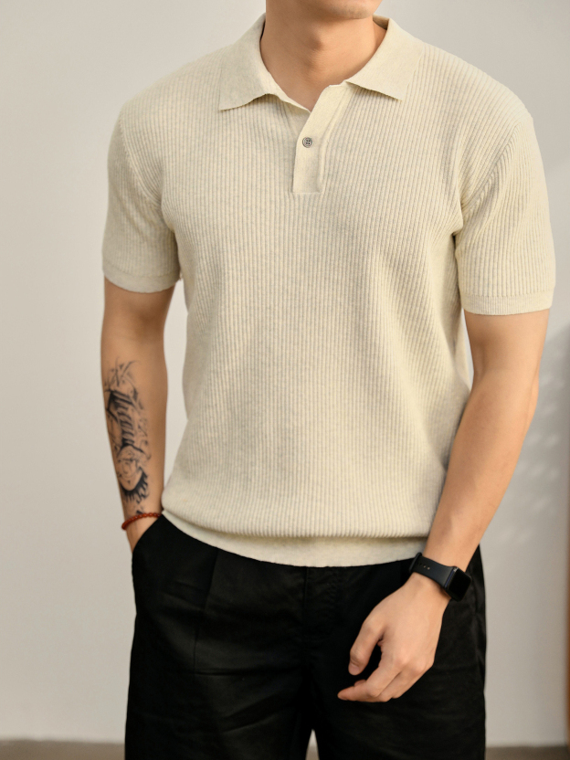 老錢輕熟風夏季涼感坑條肌理感針織POLO衫男士半拉鍊翻領T恤